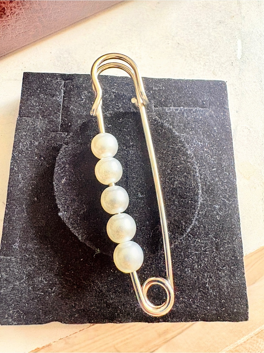 Pearl Bead Safety Pin Brooch - White and Gold